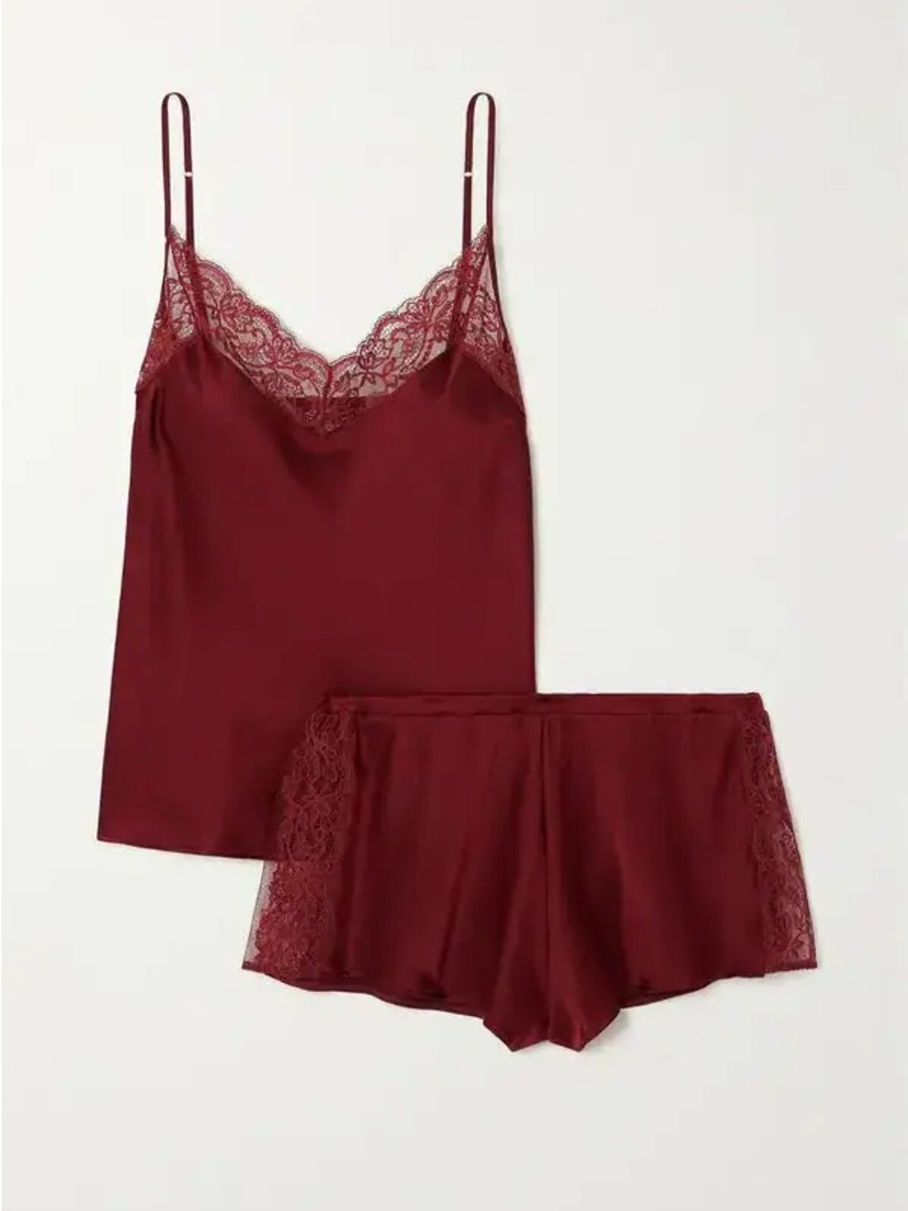 Coco de Mer Lace-Trim Satin Cami & Short Sleep Set in Burgundy